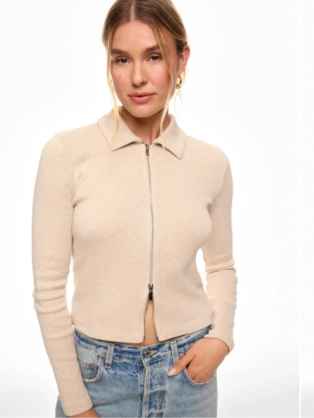 Madewell Ribbed Zip Front Tee Cardigan Oatmeal Cotton Collared Sweater M NWT